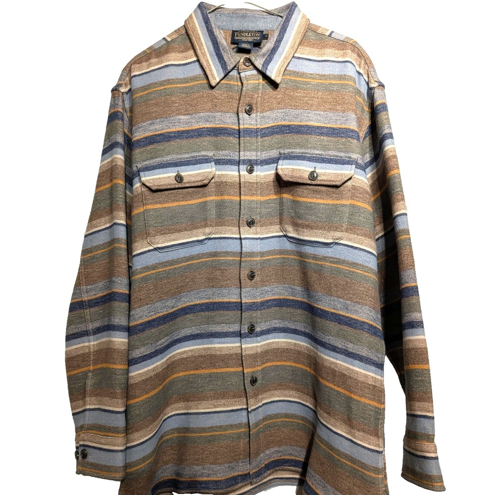 Pendleton Shirt Men M Brown Blue Gray Stripe Button Front Cotton Southwest Thick